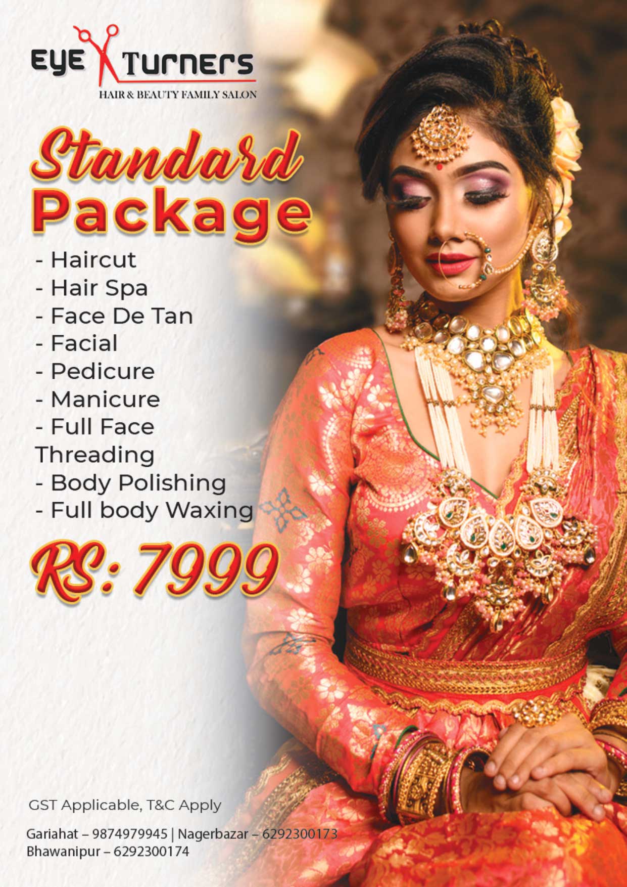 Bridal pre-wedding standard package at Eye Turners Salon Kolkata – haircut, hair spa, facial, manicure, pedicure, full body waxing