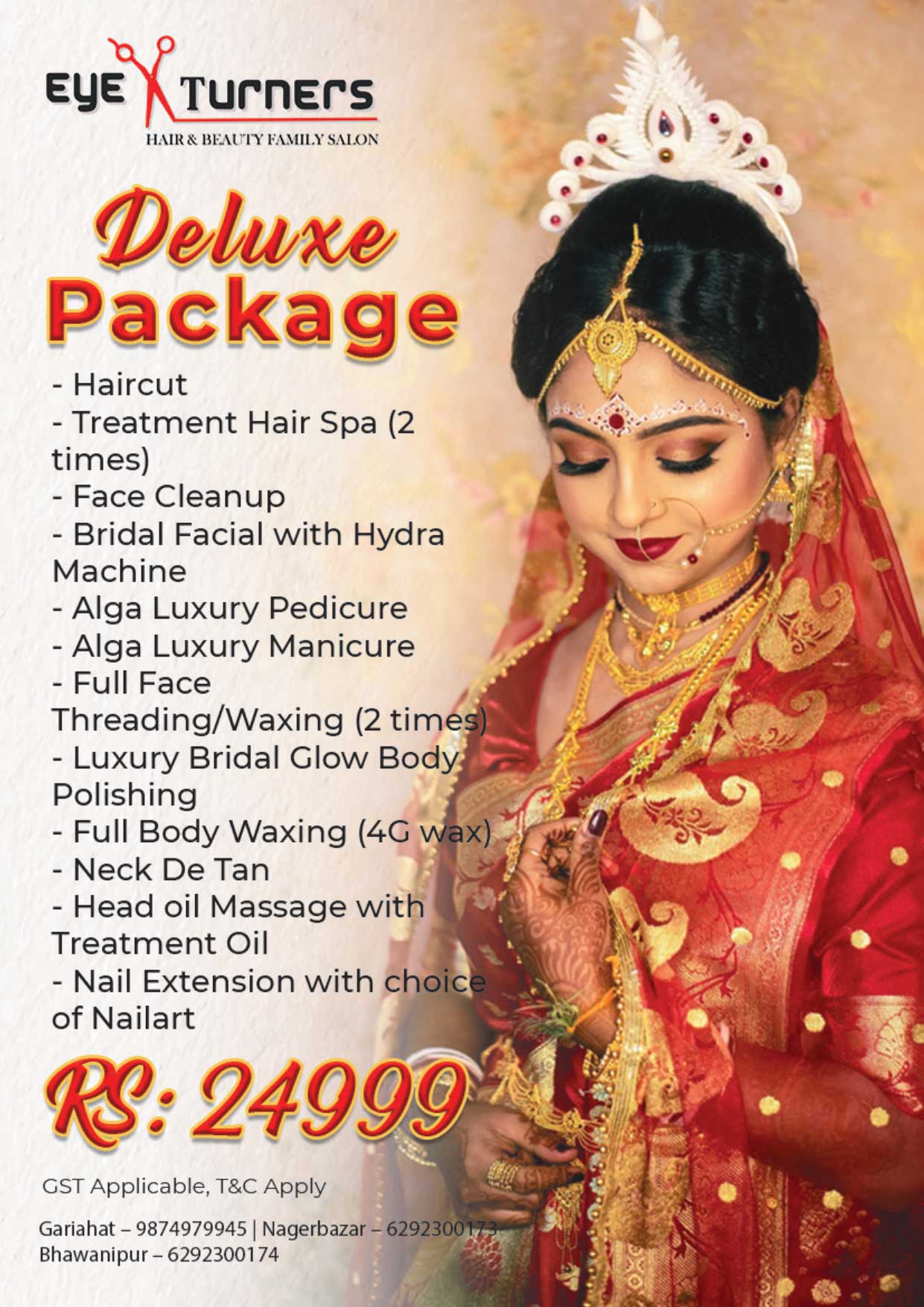 Deluxe pre-bridal package at Eye Turners Salon with hydra facial, Alga luxury mani-pedi, 4G waxing, treatment hair spa, bridal glow body polishing