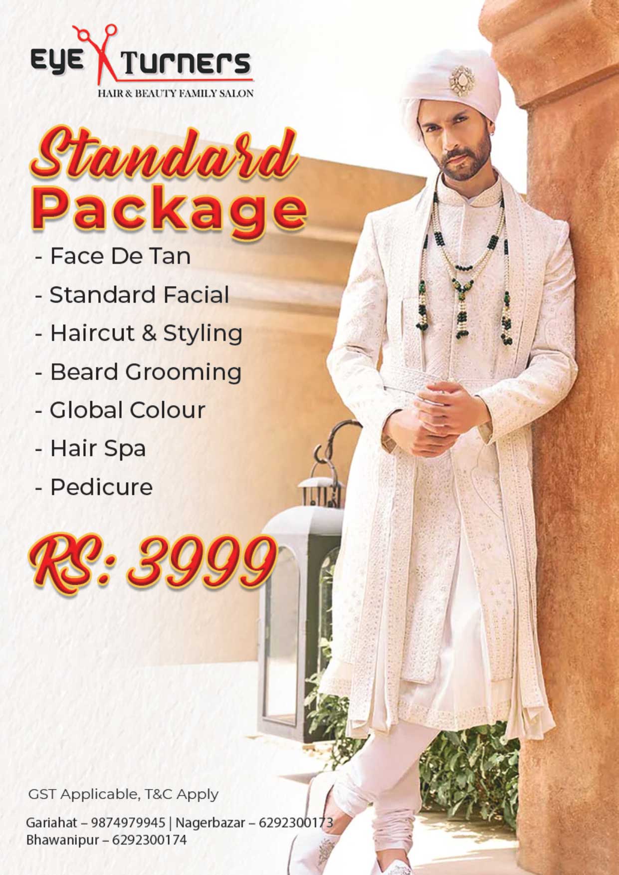 Groom pre-wedding standard package including haircut styling, beard grooming, facial, global colour, pedicure