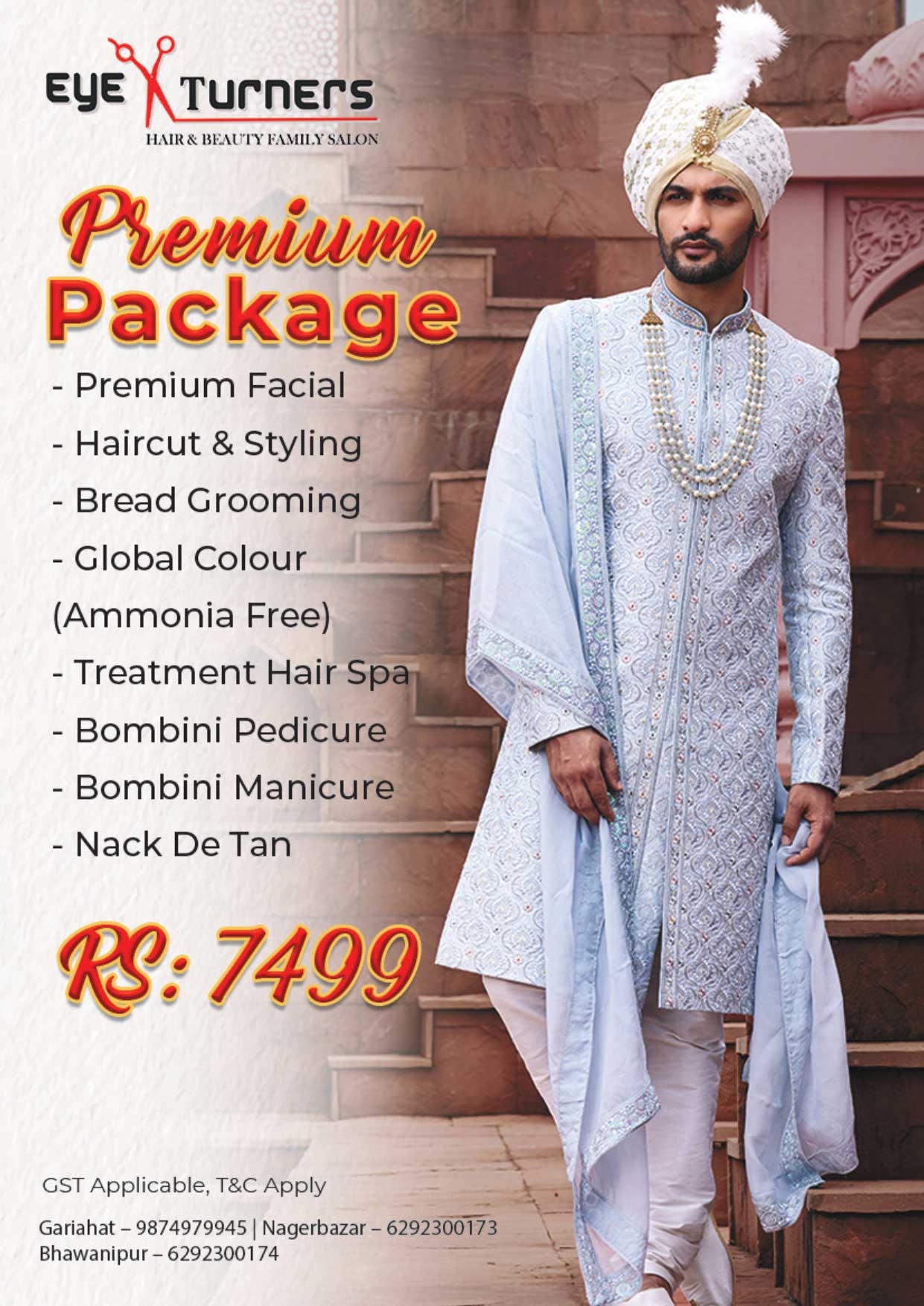 Premium pre-groom package in Kolkata with ammonia-free global colour, premium facial, treatment hair spa, Bombini manicure and pedicure