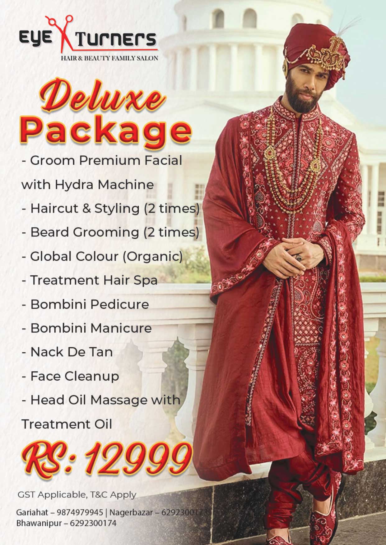 Deluxe groom pre-wedding package featuring hydra facial, dual haircut and beard grooming, organic global colour, Bombini mani-pedi